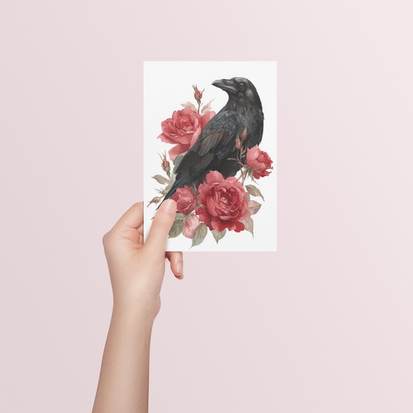 Watercolor Floral Black Crow Wall Art Print Unframed - Black Bird Illustration - Picture 5 of 6